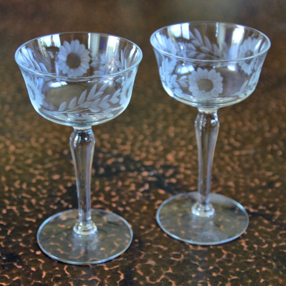 Vintage Floral Etched Champagne Coupe Glasses ~ set of two